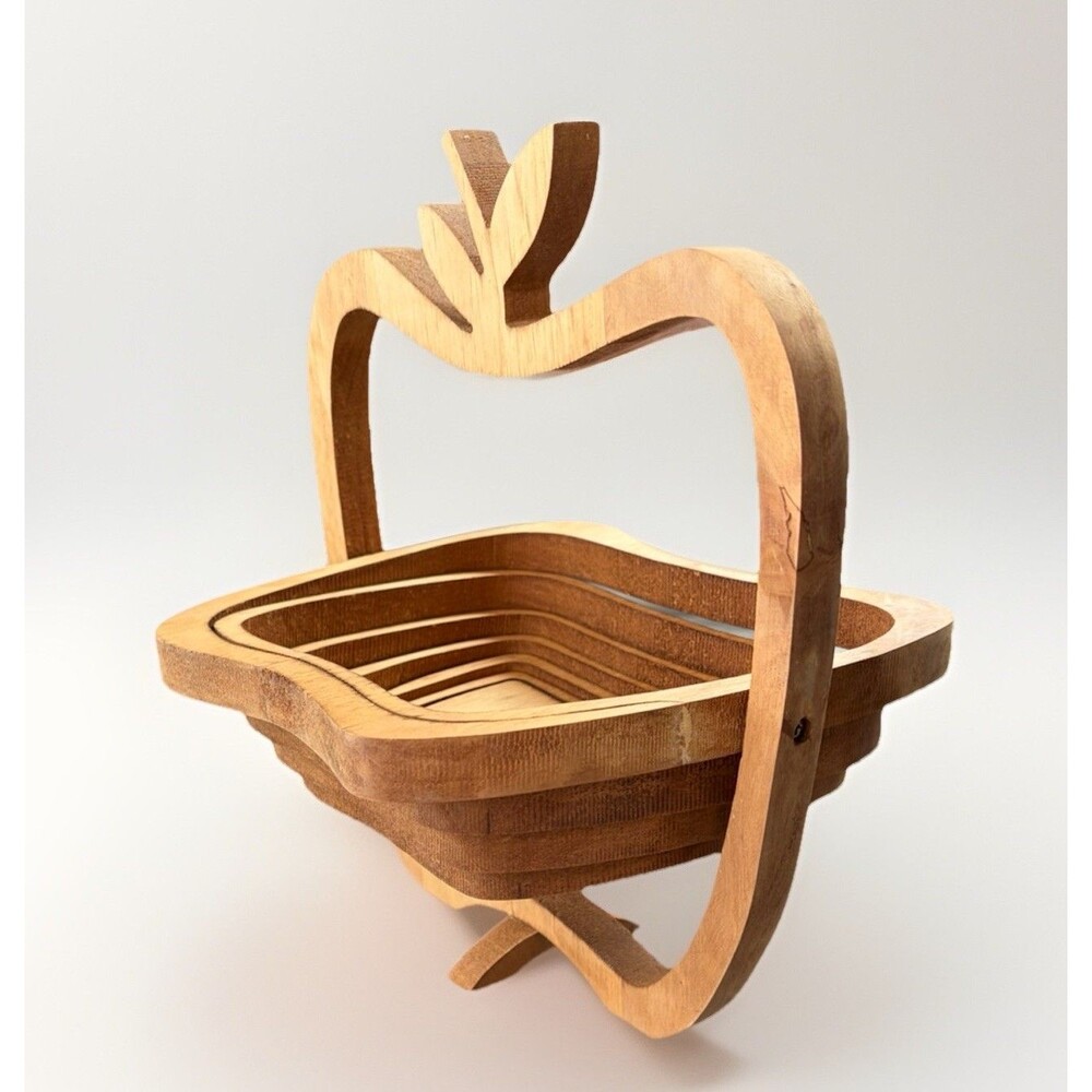 Collapsible Wooden Dry Fruit Basket Apple Shaped Kitchen Storage